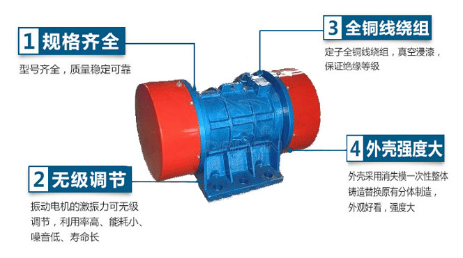 VB振動電機(jī)特點：1，規(guī)格齊全：型號齊全，質(zhì)量穩(wěn)定可靠。2，無極調(diào)節(jié)：振動電機(jī)的激振力可無極調(diào)節(jié)，利用率高，能耗小，噪音低，壽命長。4，外殼輕度大：外殼采用消失模一次性整體鑄造替換原有分體制造，外觀好看，強(qiáng)度大。