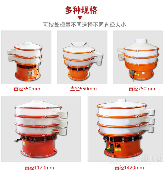 塑料振動篩不同篩分直徑進行展示：350，550，750，1120，1420等。