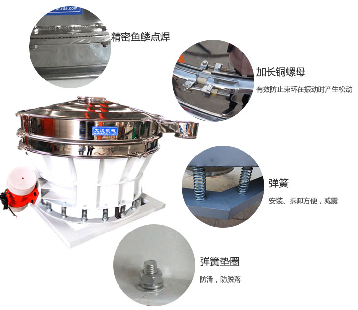 1500直排篩細節展示：彈簧，彈簧墊圈，加長銅螺母。