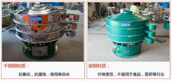 800型振動篩有不銹鋼和碳鋼兩種材質，不銹鋼材質：抗氧化，抗腐蝕，使用壽命長 碳鋼材質：價格便宜，不易篩分食品，化工，醫藥等行業的物料。