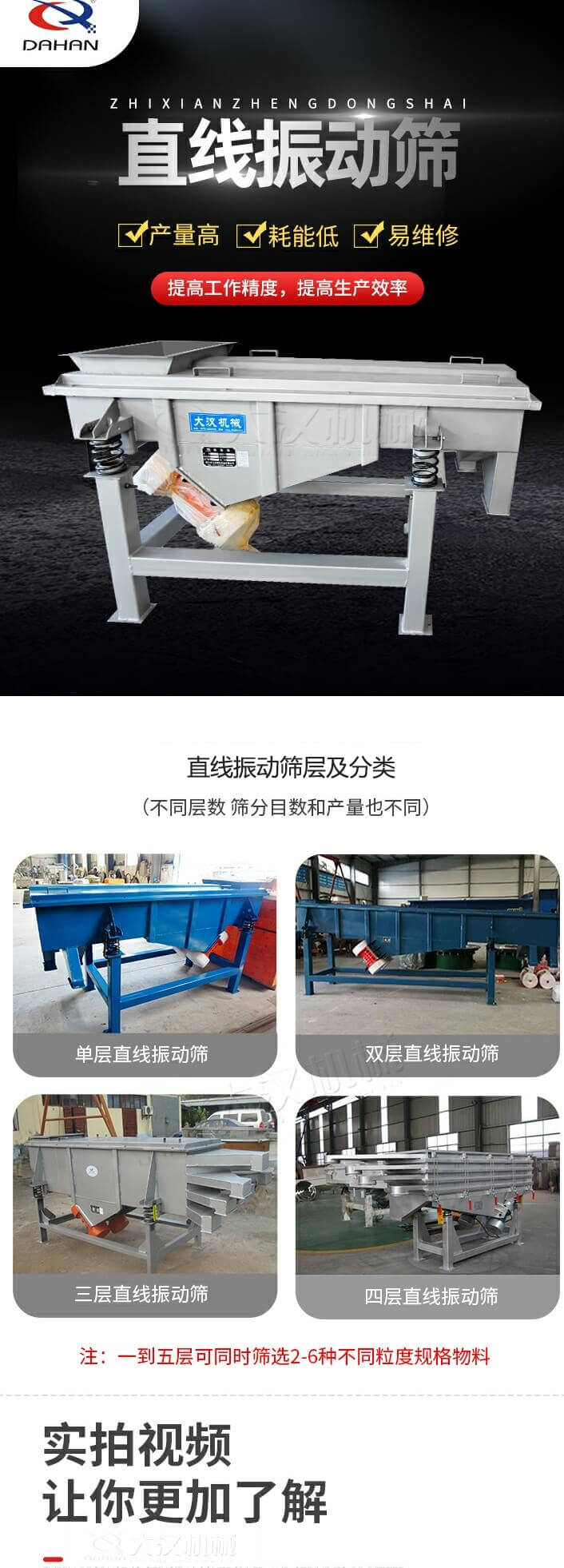 直線振動篩概述，產量高，耗能低，易維修，提高工作精度，提高生產效率，直線振動篩層級分類：不同層數，篩分目數和產量也不同：單層，雙層，三層，四層等。