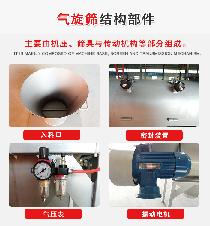 氣旋篩結構：入料口，密封裝置，電機，氣壓表等