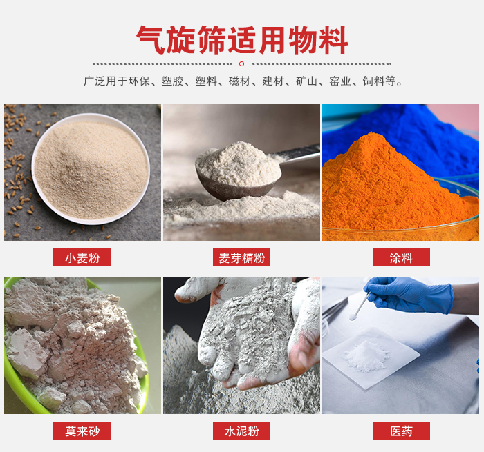 氣旋篩適用物料：小麥粉，麥芽糖粉，涂料，等粉狀物料。