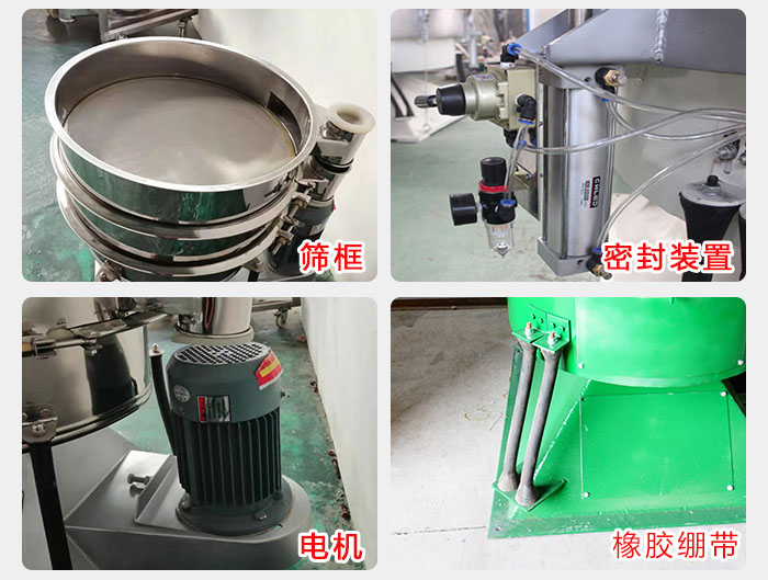 搖擺篩結(jié)構(gòu)：電機(jī)，橡膠繃帶，篩框，密封裝置等。